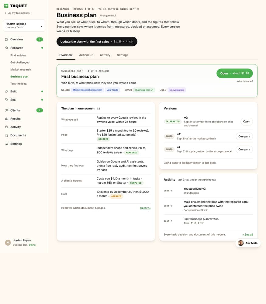 Business plan in Taquet: version 3 in service, what changed since version 2, and what it feeds next